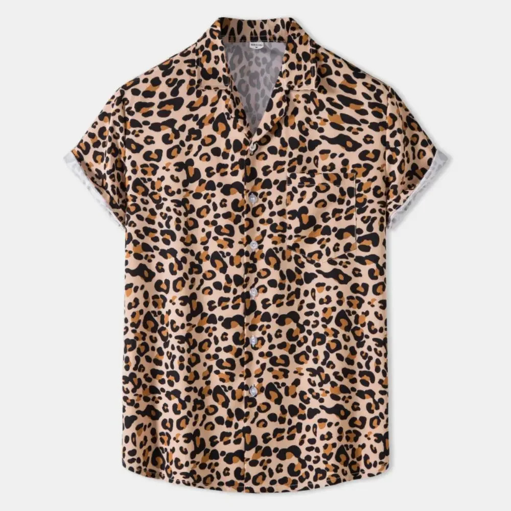 Men’s Leopard Print Oversized Short Sleeve Button-Up Shirt with Lapel