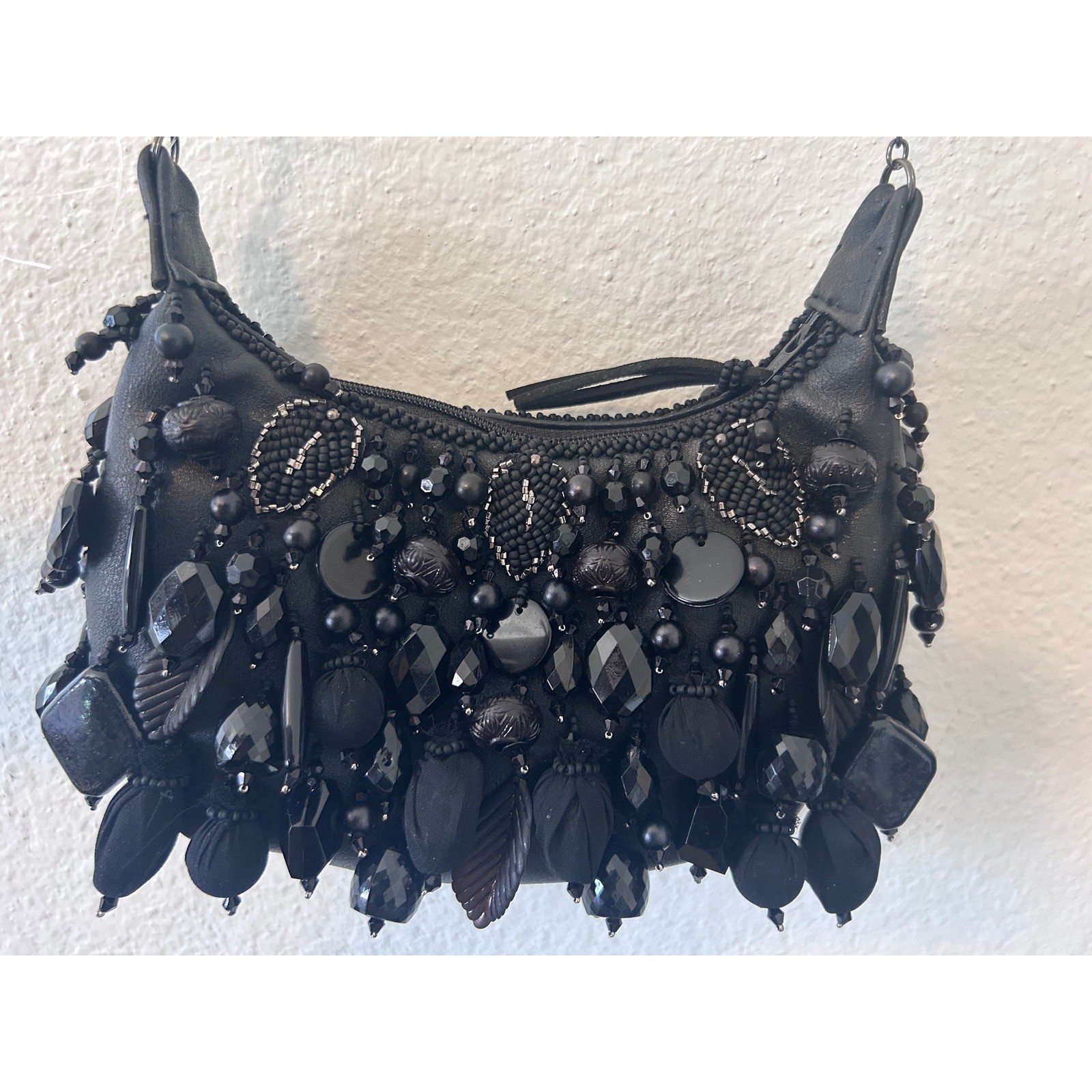 MARY FRANCES Handmade Black Beaded Bauble Mini Handbag Crossbody Chain Bag $215