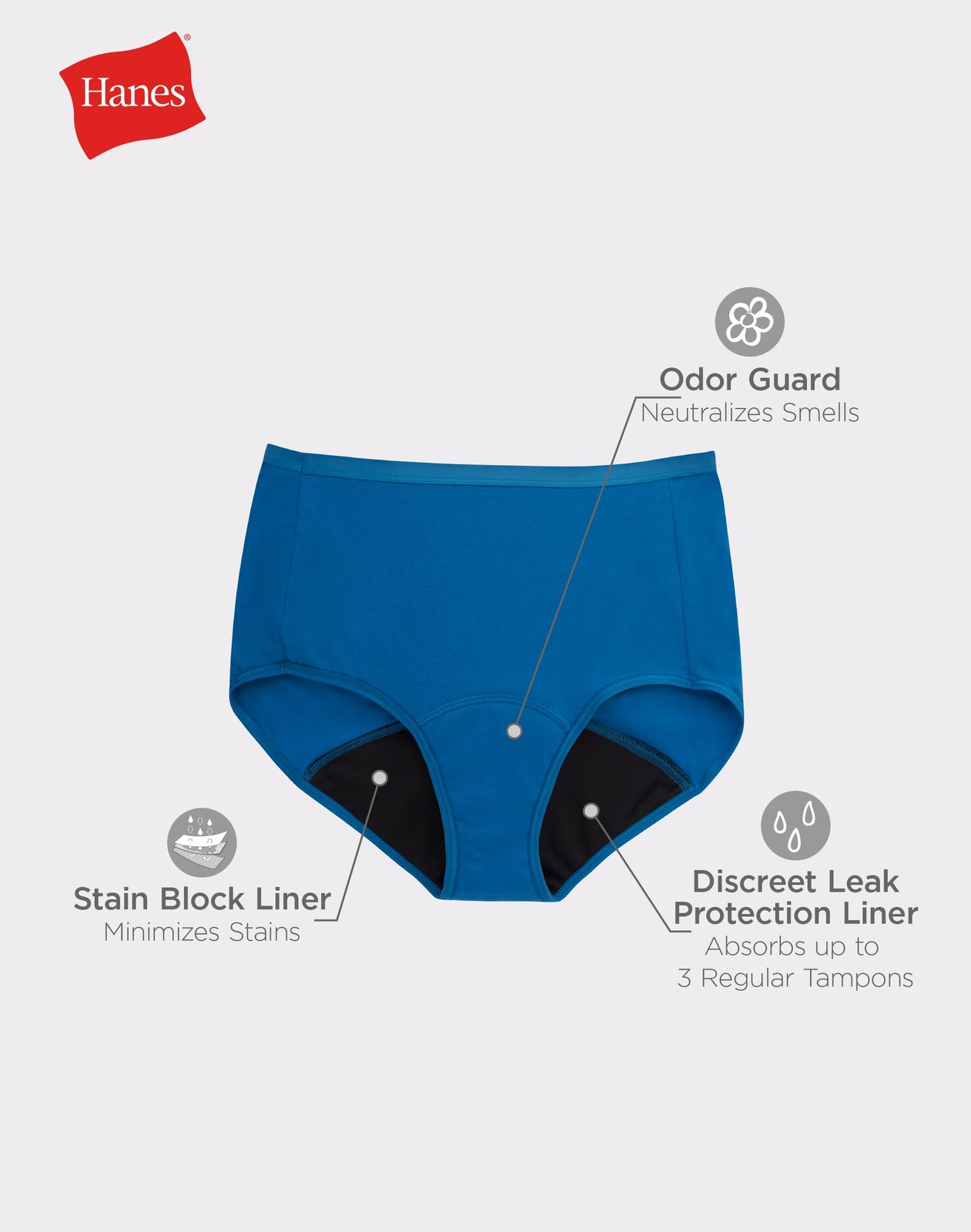 Hanes Brief 3-Pack Panties Fresh & Dry Moderate Leak Protection Womens Underwear