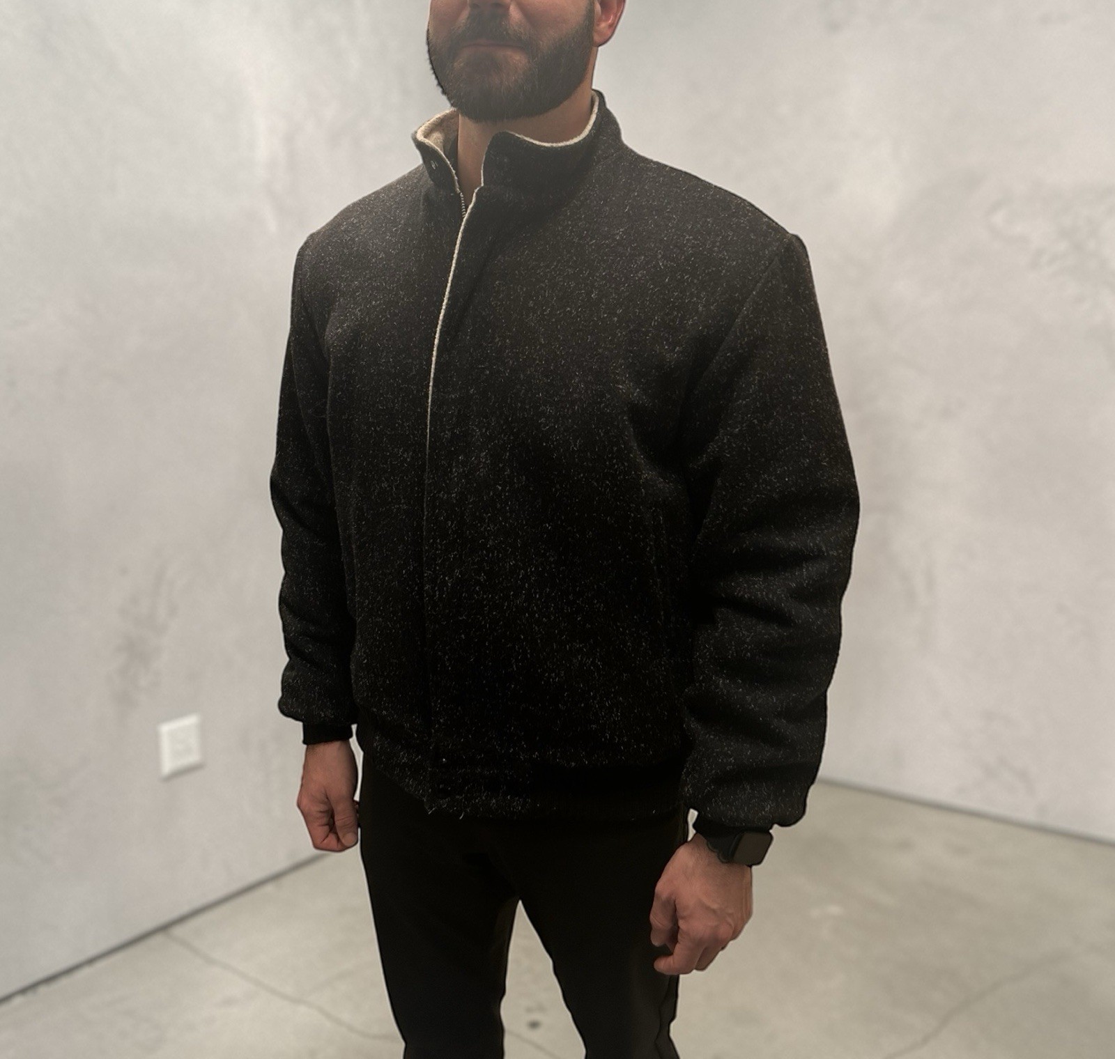 Vintage 80s 90s Black Speckled Bomber Jacket Men’s Size L (42-44) Fleece Lining