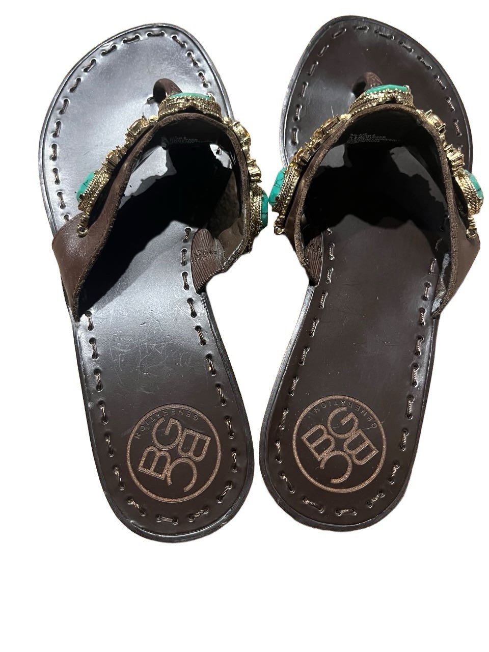 BCBGeneration Women’s Leather Thong Slip-On Sandals Brown/Turquoise Beaded 6.5