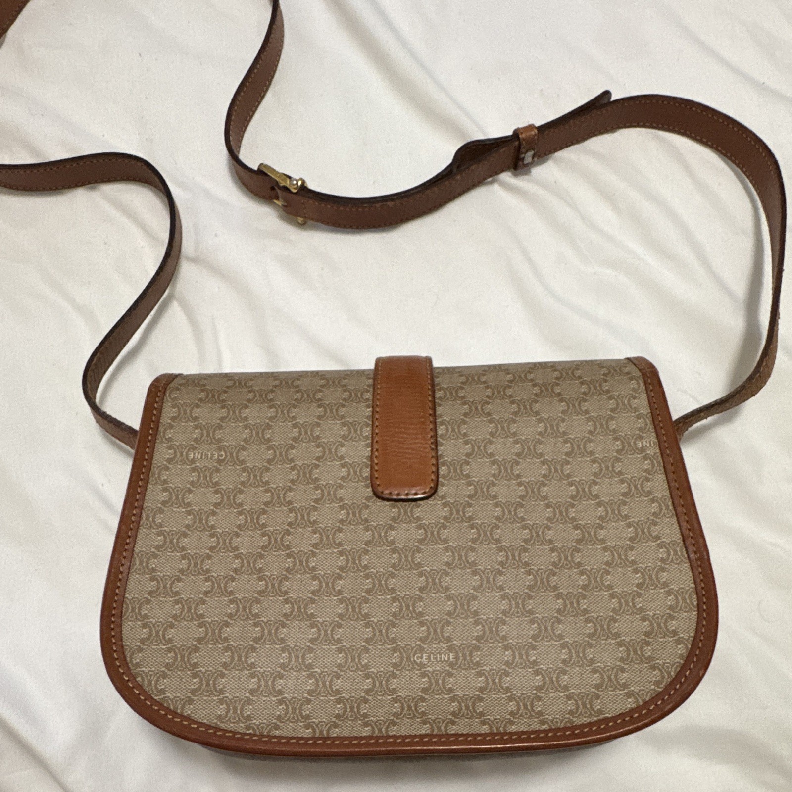 CELINE Triomphe Crossbody Bag Beige/Brown, Magnetic Buckle, Gold Hardware