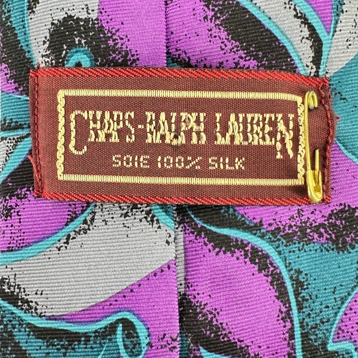Vintage Chaps Ralph Lauren Mens 100% Silk Tie Abstract Swirl Purple Teal Gray