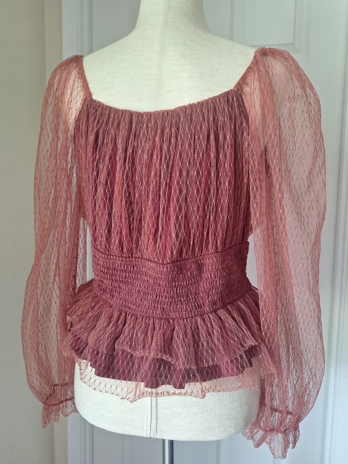 Anthropologie Tulle V-neck Mesh Puff Sleeve Sheer Smocked Blouse Size 1X Whimsy