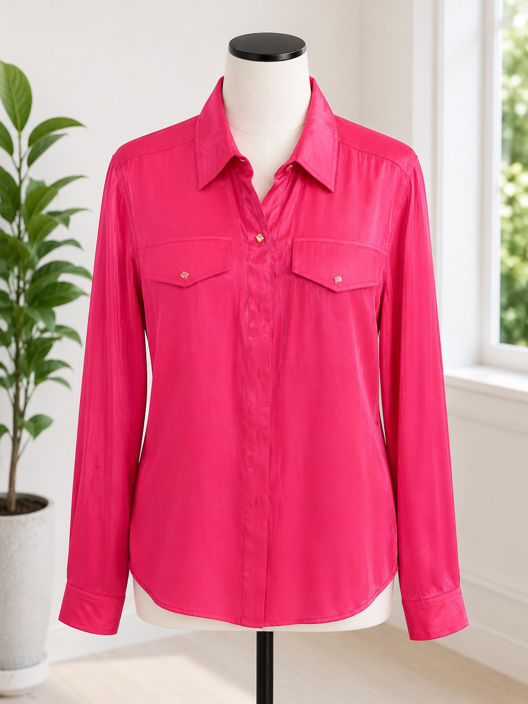 Sofia by Lorraine Wardy Fuchsia Satin Blouse Top NWT Small Jewel Buttons Career