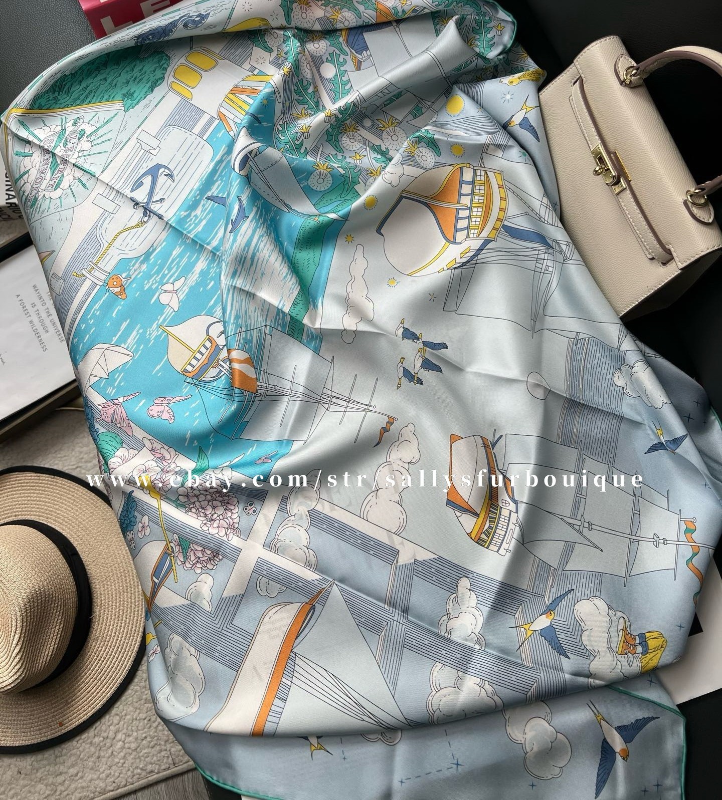 2026 Sallys Boutique 18 Momme Heavy Twill Silk Wrap Scarf Boats Print Shawl 35″