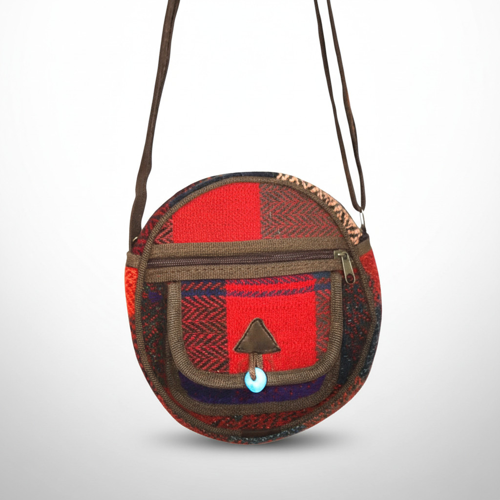 Handmade Turkish Kilim Round Shoulder Bag Vintage Boho Crossbody Purse Women Red