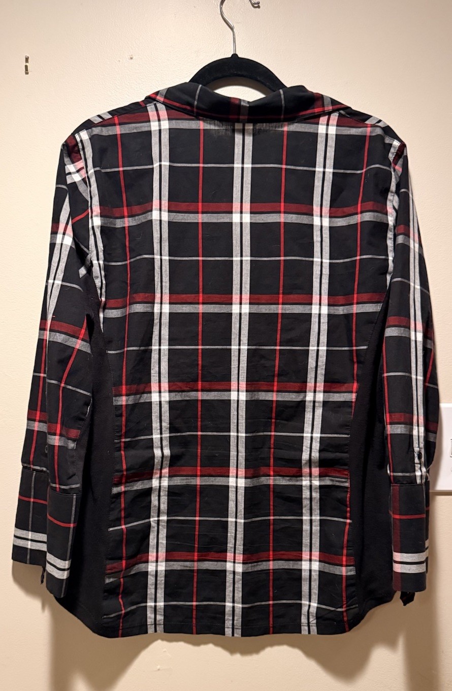 Women’s Button-Up Black Red/White Plaid Shirt 3/4 Length Sleeve Knit Sides XL
