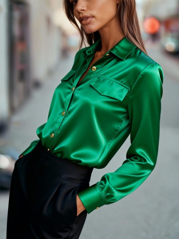 Women Satin Button Down Shirt Long Sleeve Collared Solid Casual Office Blouse