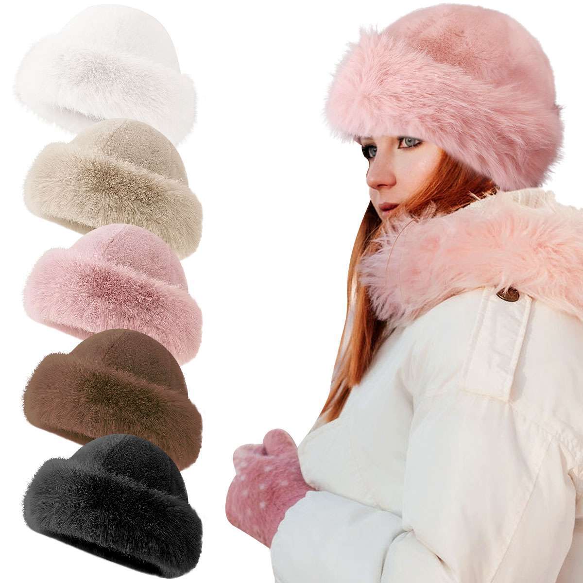 Women Furry Hat Faux Fur Russian Cossack Hat Fluffy Warm Winter Outdoor Ski Cap