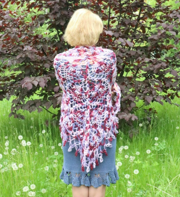 Angora Crochet Triangle Shawl – Handmade Lace Wrap Scarf Boho Capelet