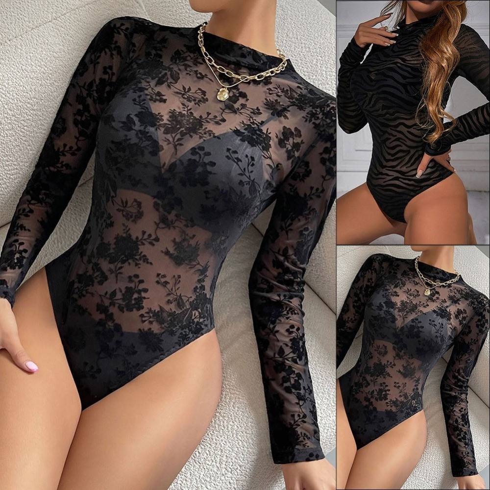 Womens Bodysuit Jumpsuit Tops Lightweight Long Sleeve Romper See Though Sexy