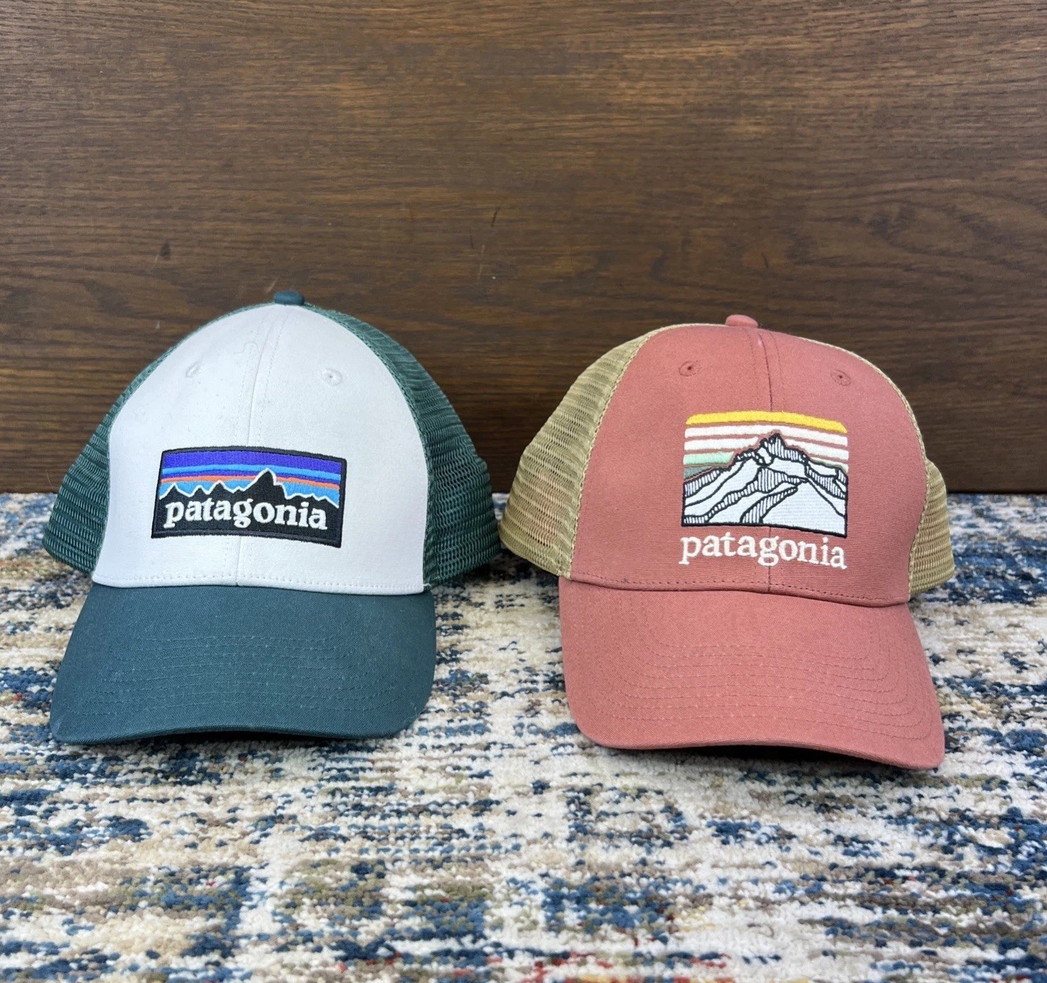 Lot of 2: Patagonia Line Logo Ridge LoPro Trucker Hat. Logo Green White x2