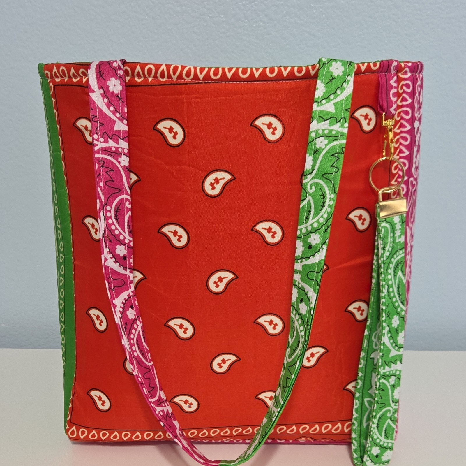 Handmade Women’s Medium Paisley Tote Bag Green Pink Orange Lined Pockets