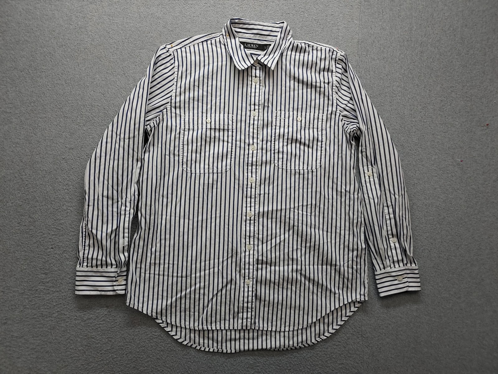 Lauren Ralph Lauren Shirt Womens Large White Blue Striped Button Up Long Sleeve