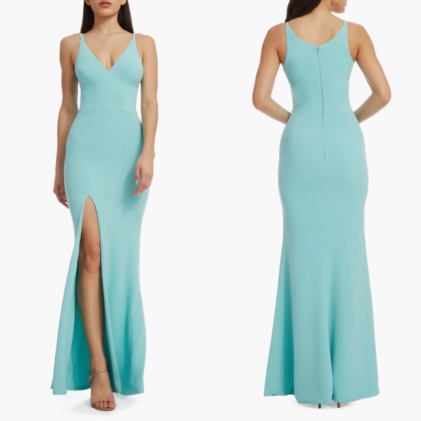 NEW DRESS THE POPULATION Tranquil Blue PLUNGE NECK Iris SLIT Crepe GOWN S