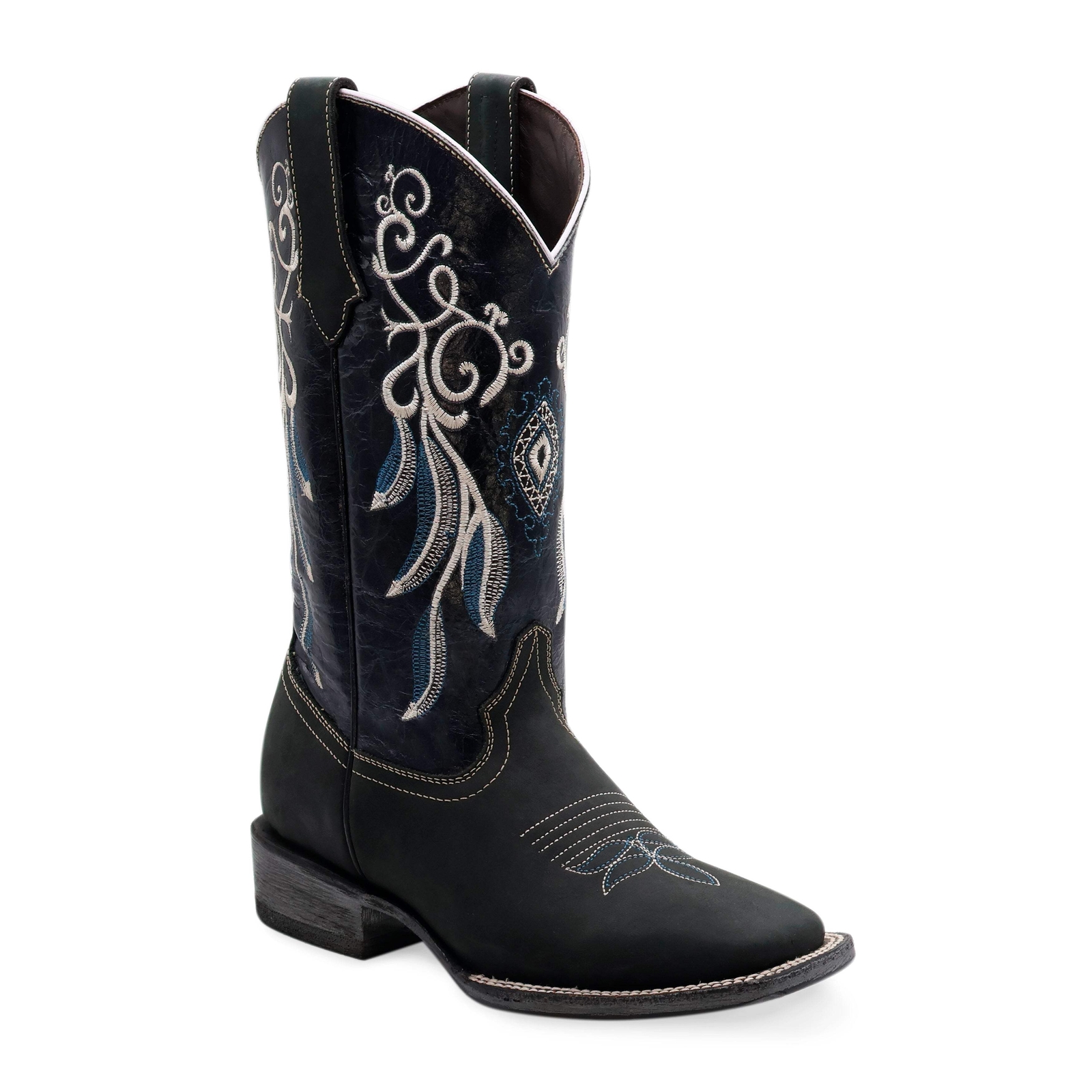 Ladies Genuine Leather Mary Wide Square Toe Embroidered Black Boots Handcrafted