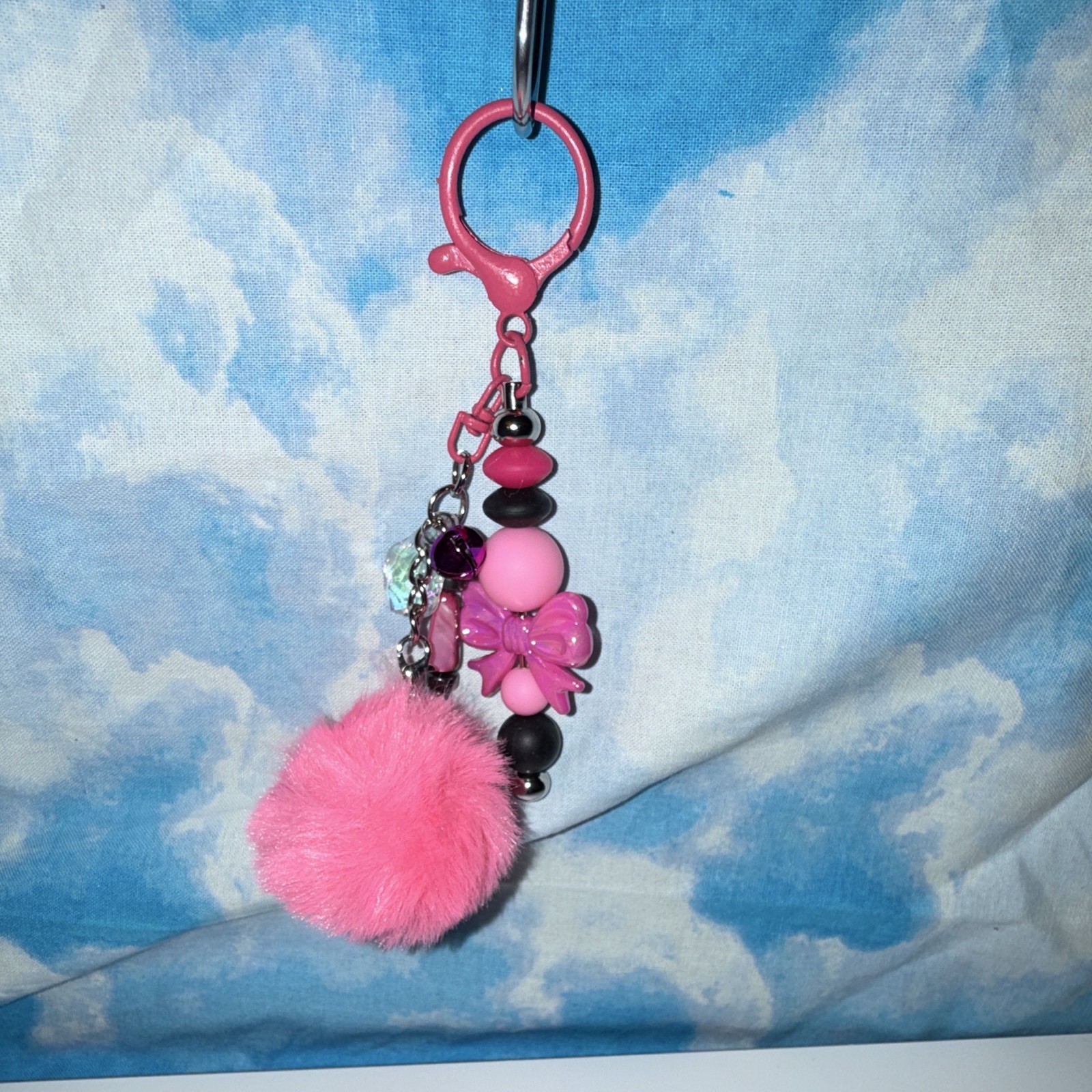 Pink Beaded Bow & Pom Pom Key Chain/Bag Charm w/Detachable Clip Keyring