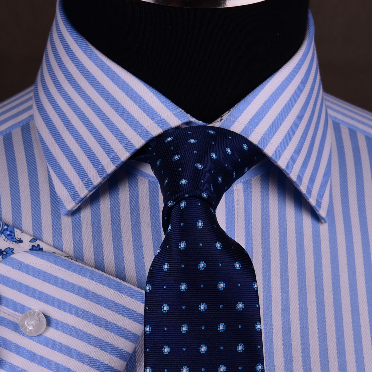 Mens Blue Formal & Business Dress Shirt Herringbone Twill Striped Floral Paisley