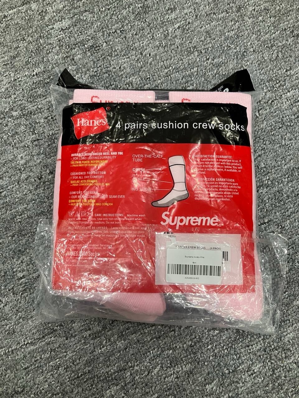 Authentic Supreme x Hanes Pink Crew Socks 4 Pack Size 6-12 NWT New Fast Ship
