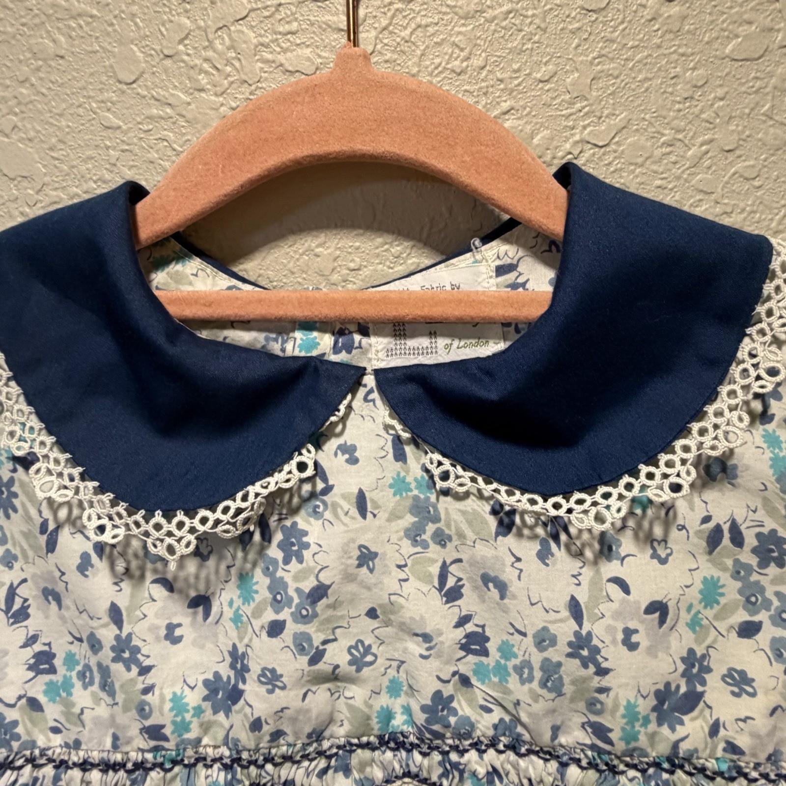 Vintage Liberty of London Girls Hand Smocked Floral Dress Blue Peter Pan Collar