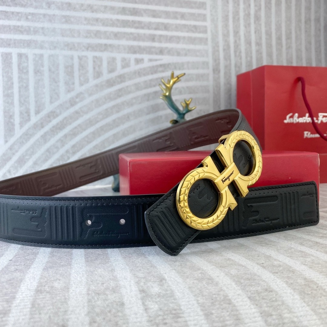 Ferragamo Handcrafted Leather Belt Reversible width 3.8cm/1.5inch Gold Buckle