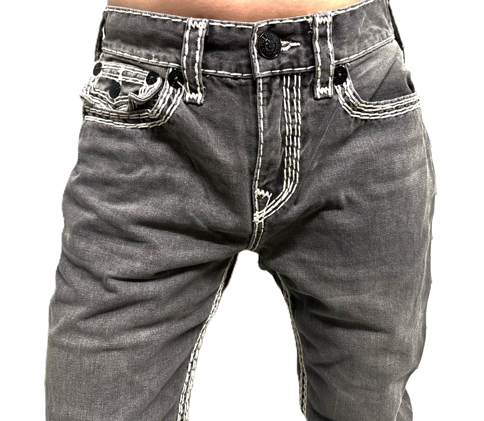 True Religion Men’s Rocco Chalk Grey Wash Super QT Relaxed Skinny Jeans – 109174