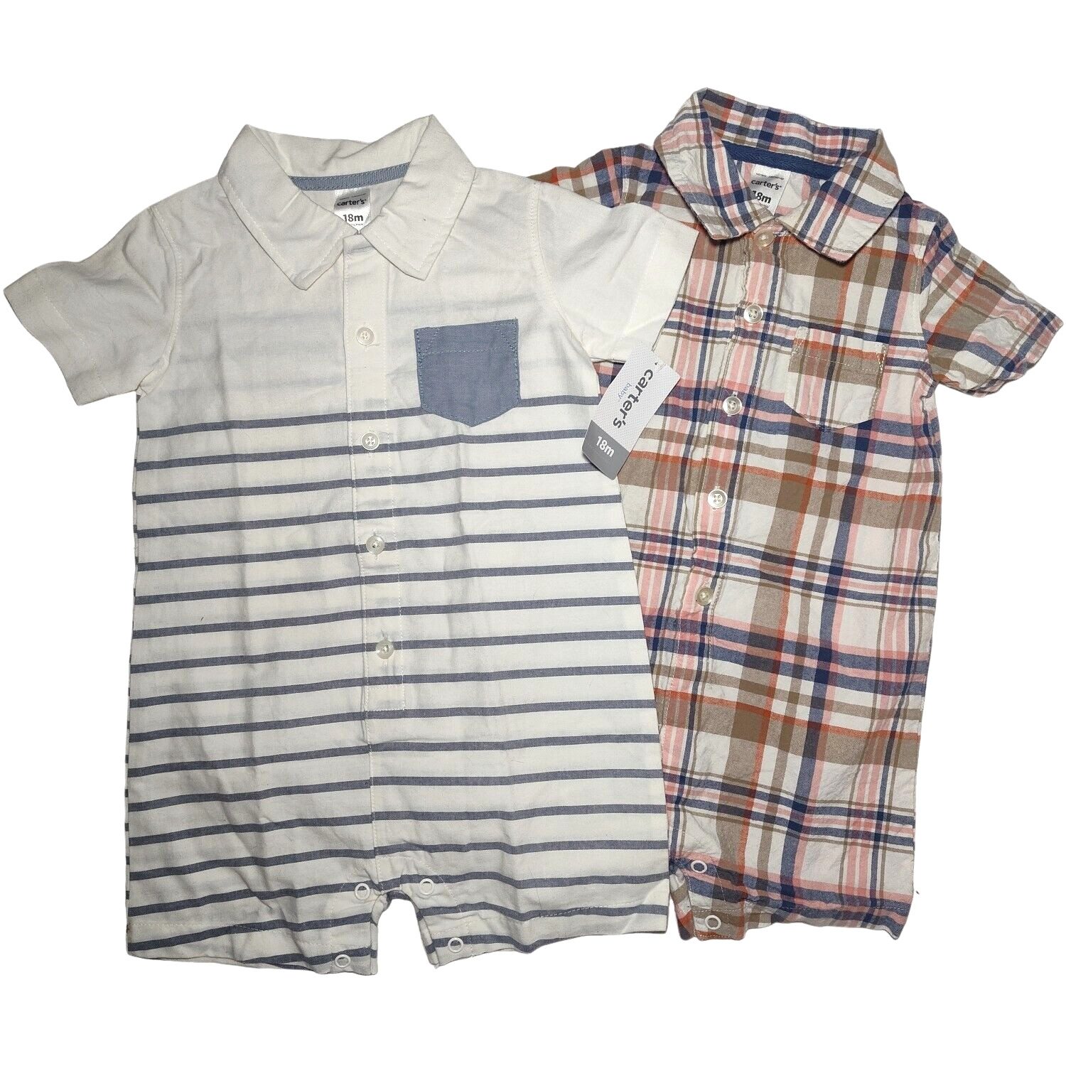 Carter’s Collared Outfit Lot 18 Mos Stripe Plaid Beige White Blue Cotton Romper