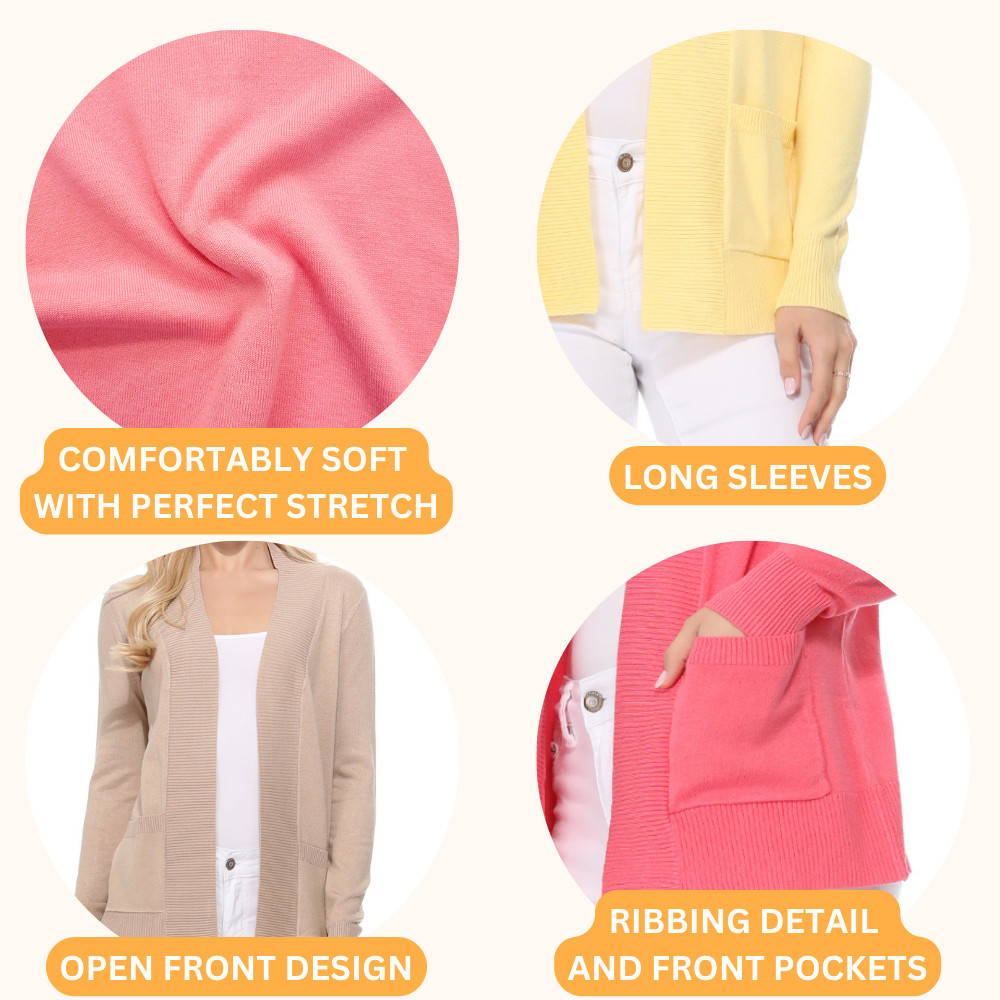Yemak Women’s Long Sleeve Open Front Knit Sweater Cardigan Shrug with Pocket