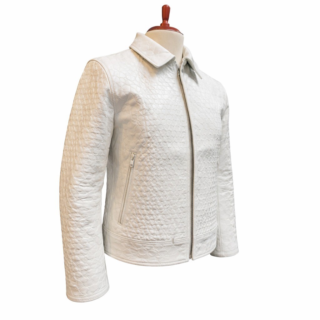 New White Quilted Zip Up Medium Jacket Women’s Geometric Stitch Bomber Style