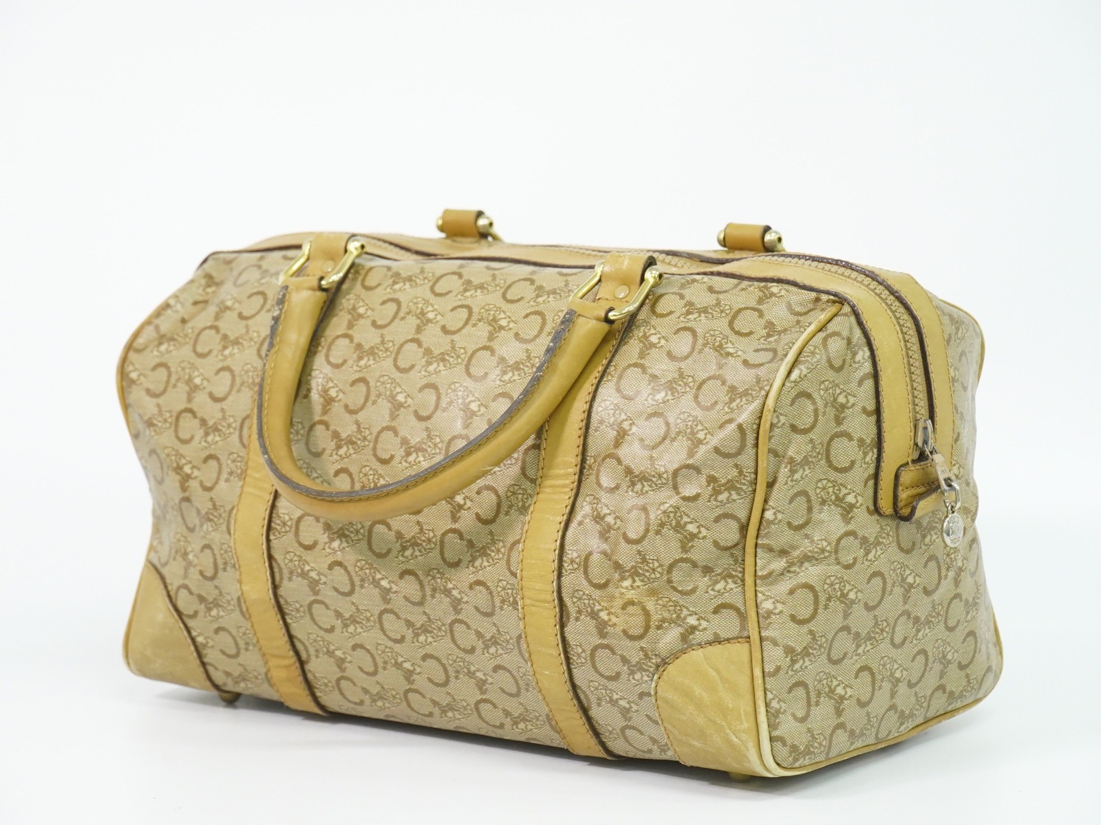 CELINE C Macadam PVC Boston Handbag Beige Gold
