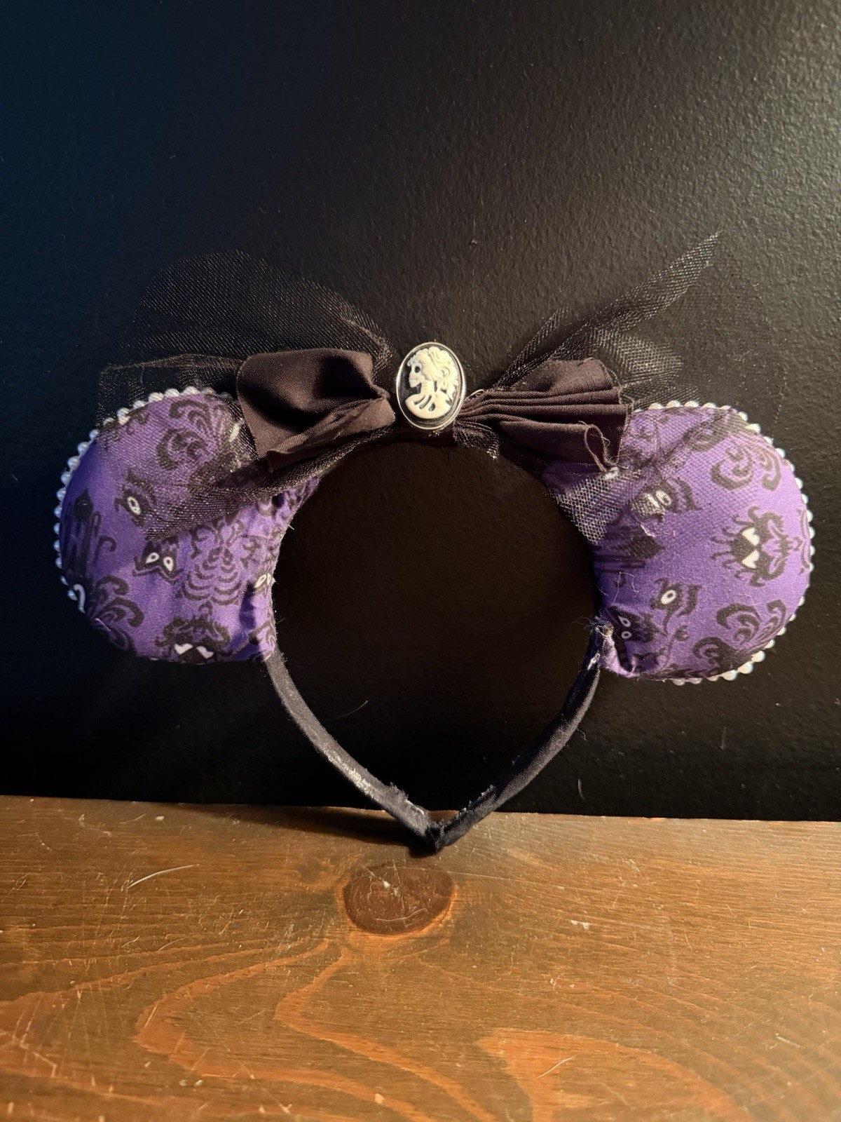 Disney Haunted Mansion Ears Headband Purple/Black Bow Tulle (See Description)