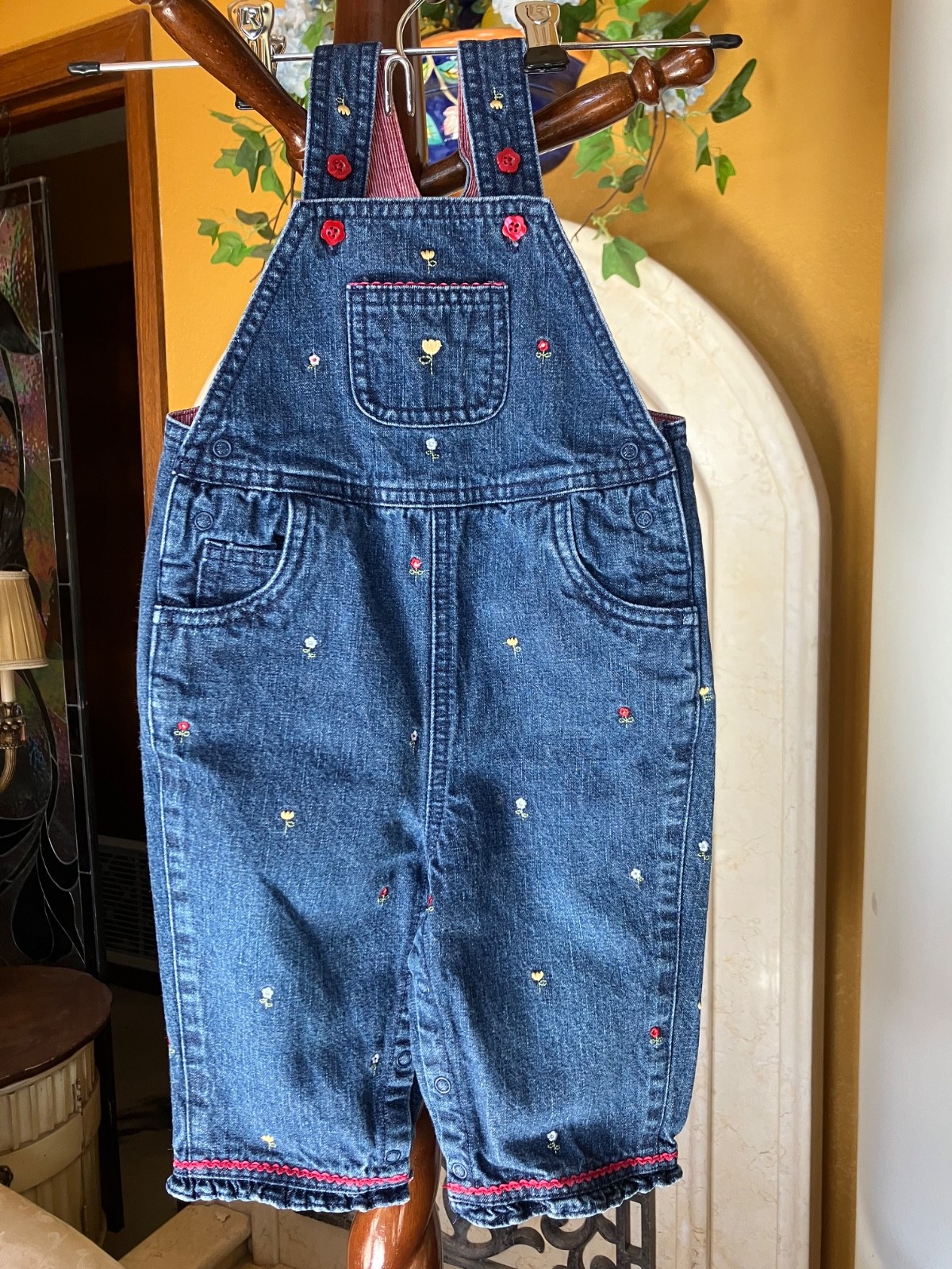 Gymboree 2003 Home on the Range denim jean tulip embroidered lined overalls 6-12