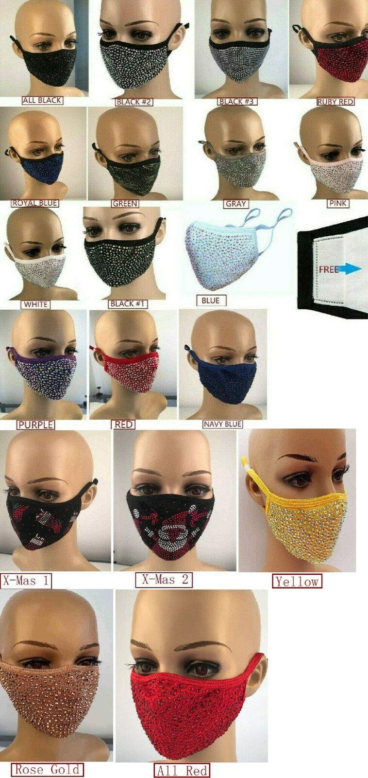 Rhinestone Bling Crystal Face Mask Reusable Washable With Filter Pocket