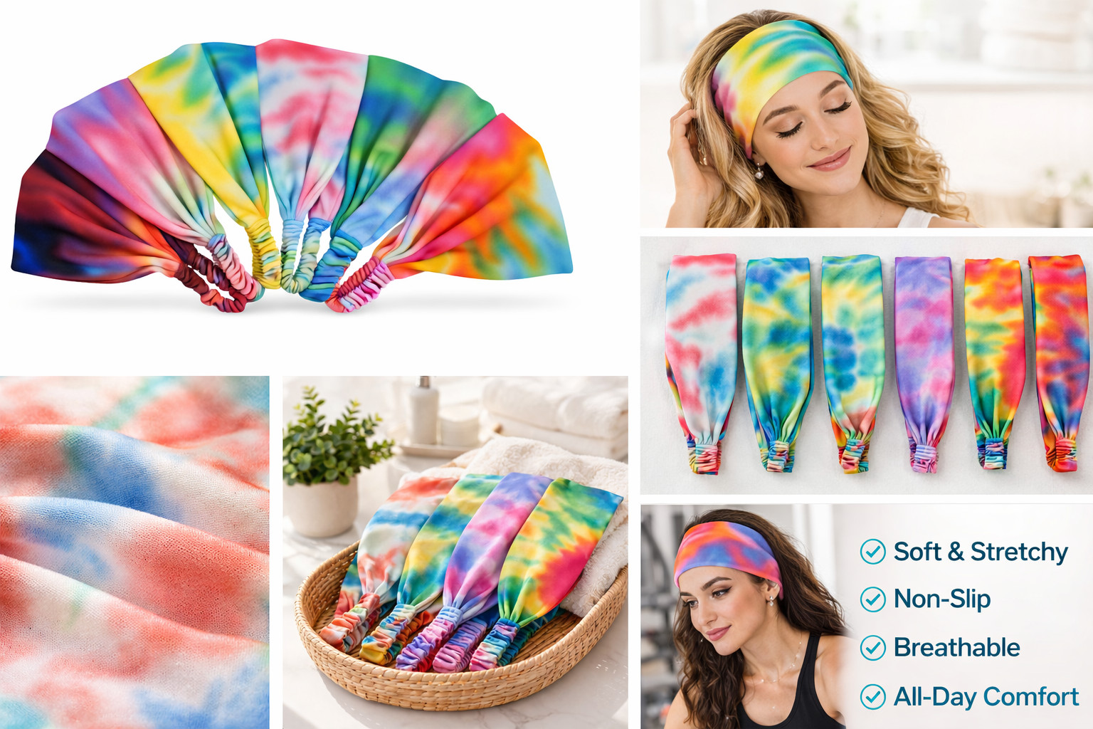 4pcs Tie Dye Headwrap Boho Wide Stretch Women Headband Turban Headwear Biker Lot
