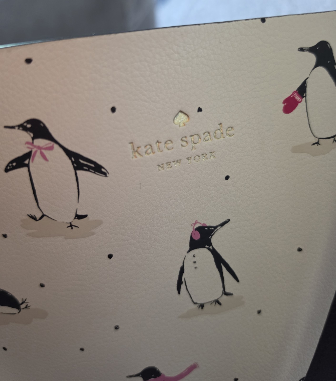 kate spade new york White/Black Penguin Print Tote Zip Handbag w/ Pouch, Gold HW