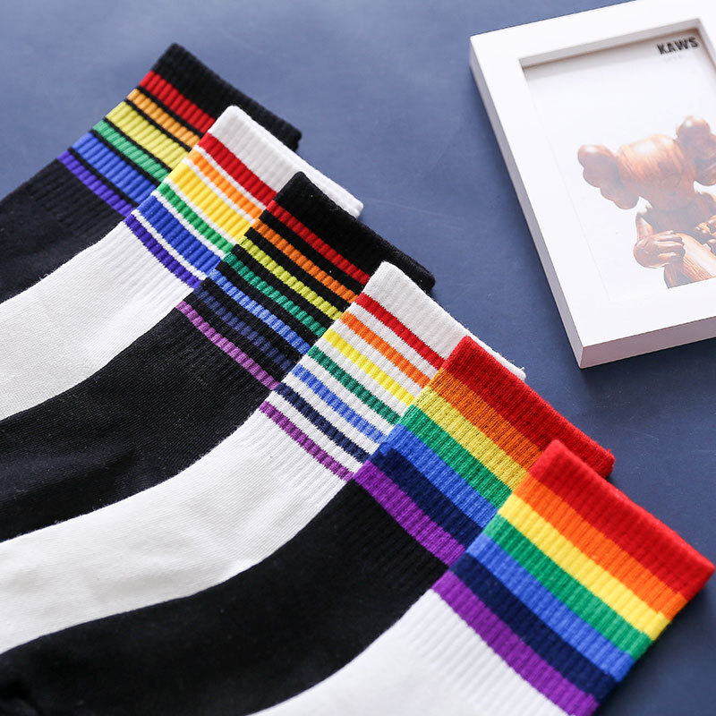 Women Men Cotton Athletic Sports Crew Socks Striped Over Ankle Casual Classic
