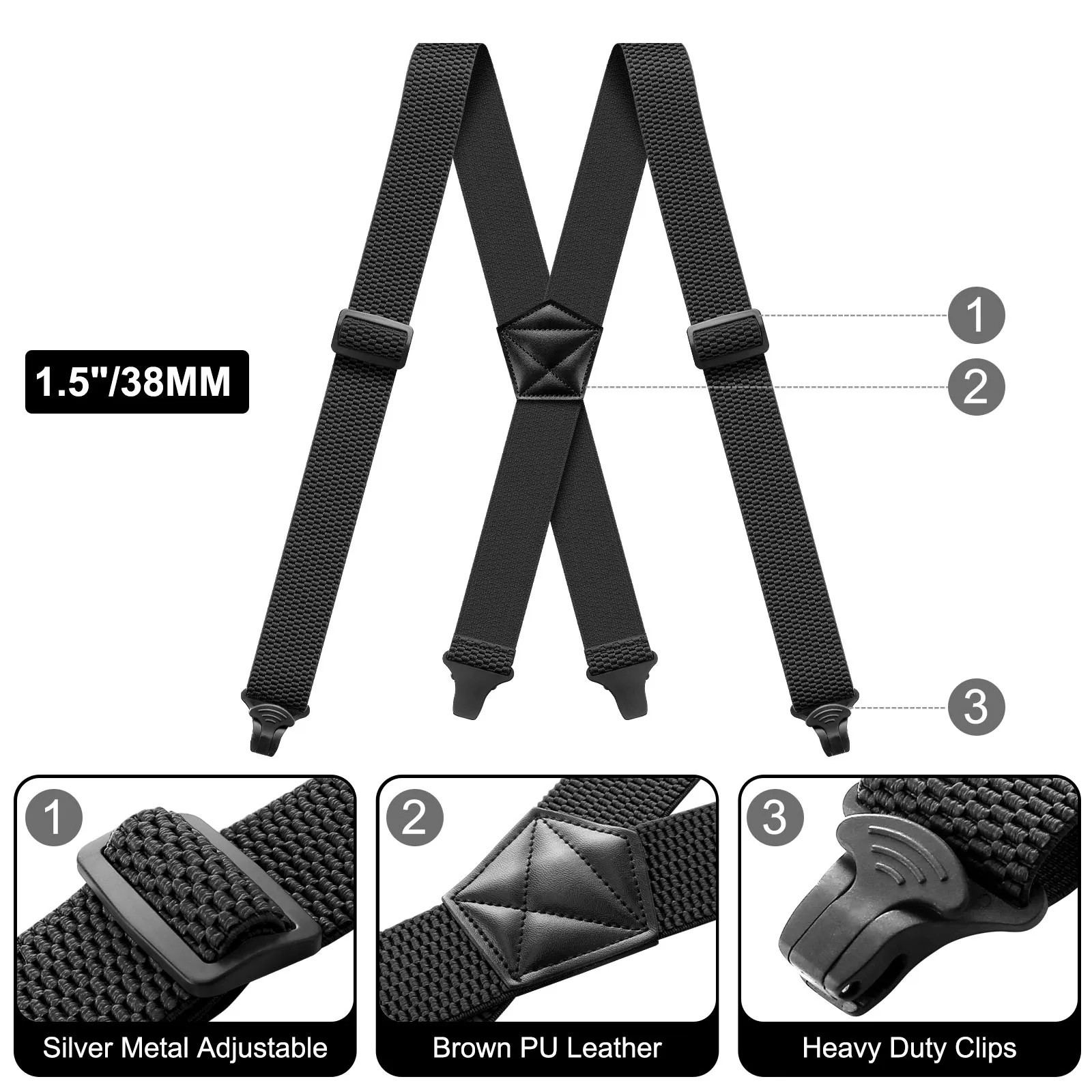Men Suspenders Heavy Duty Work 3.8cm Wide X-Back with 4 Plastic Gripper Clasps A