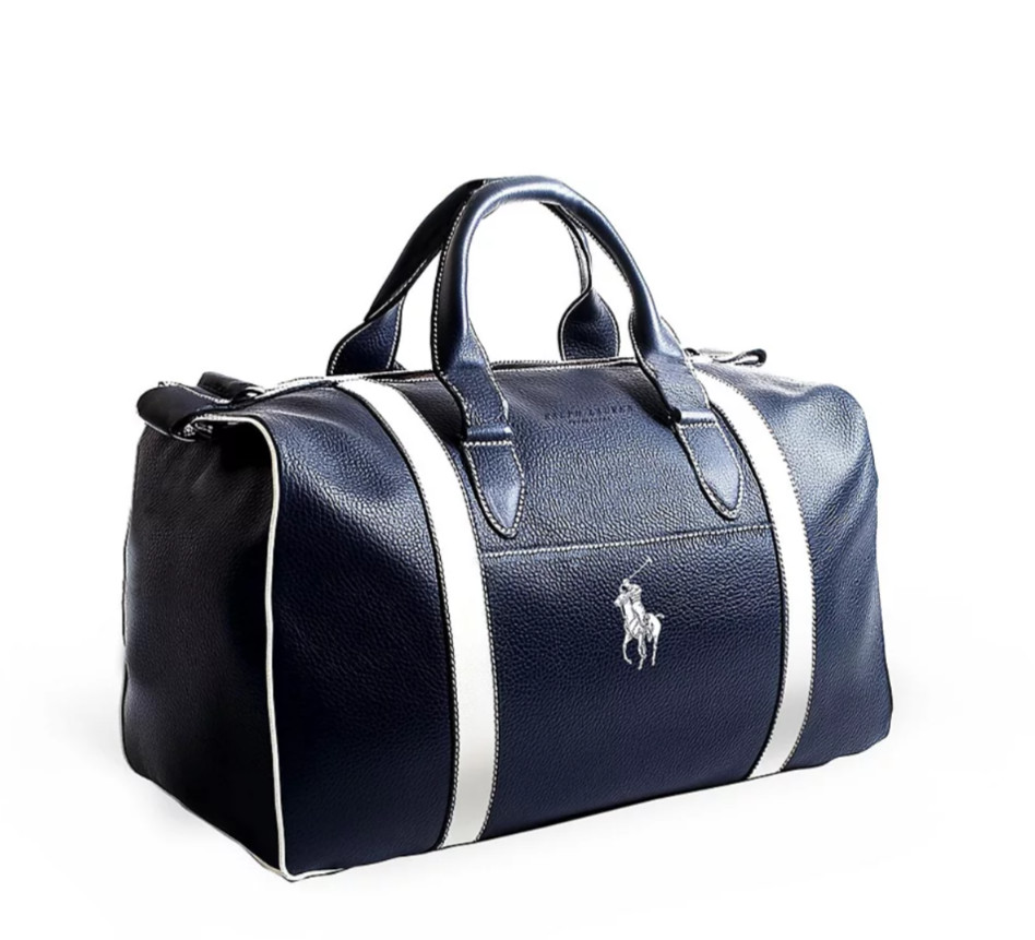 Ralph Lauren Fragrances POLO Navy Blue White Faux Leather Travel Duffle Bag NWT