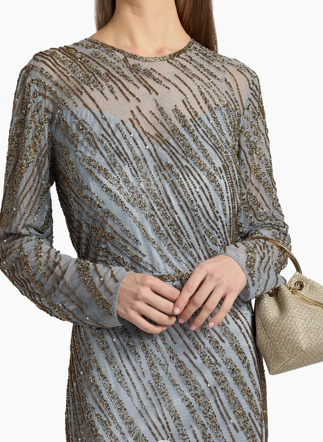 Mac Duggal Long Beaded Dress in Platinum with Gold Beads, size 10, $598