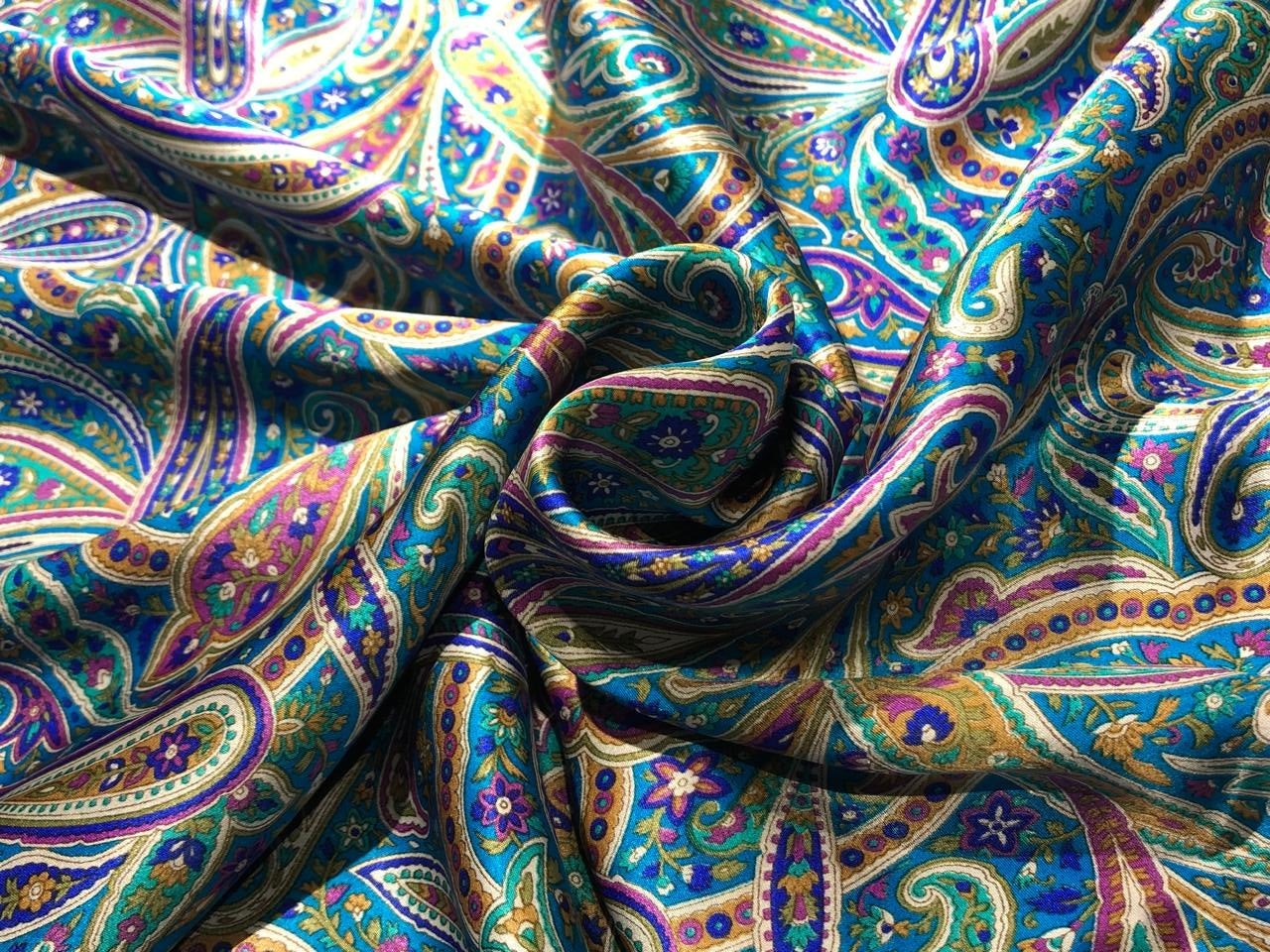 Vibrant Blue Multicolor Paisley Print 112cm Wide PURE SILK Satin Fabric