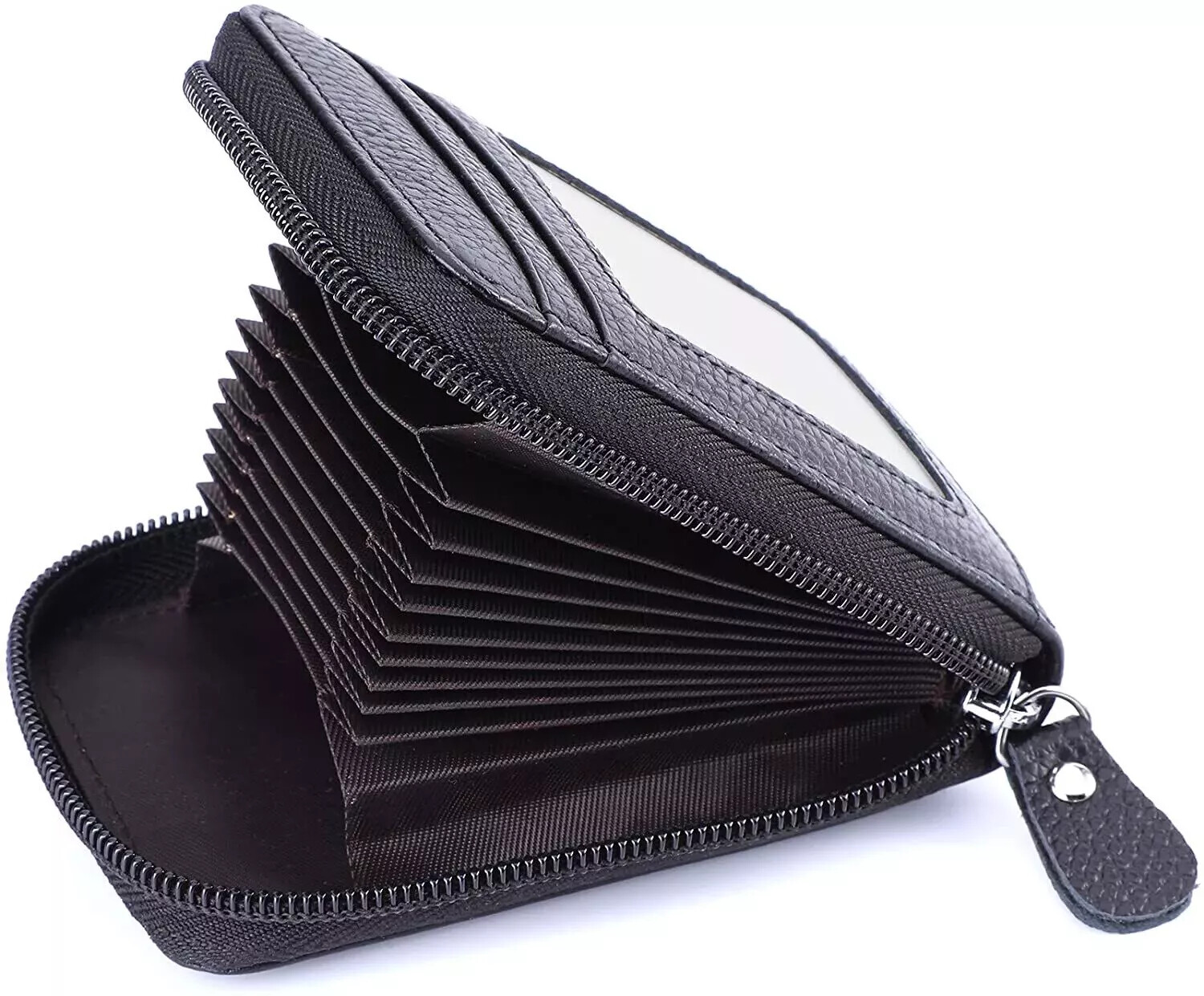 Leather Credit Card Holder RFID-Blocking Zipper Pocket Wallet with ID Window