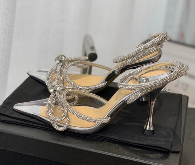 Women Rhinestone Ankle Strappy Pumps Bowknot Pointed Toe Stilettos Glitter Shoes