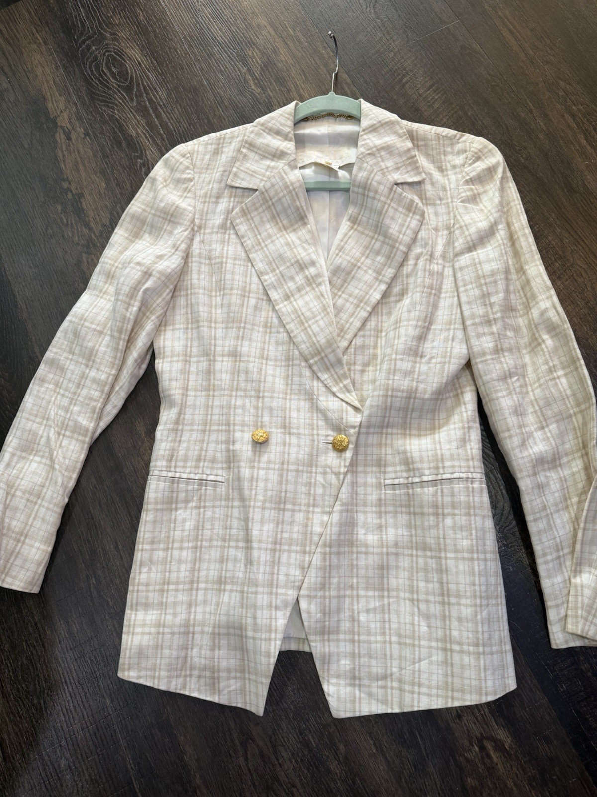 Escada Margaretha Ley 100% Linen Plaid Blazer Beige White Gray Size 34