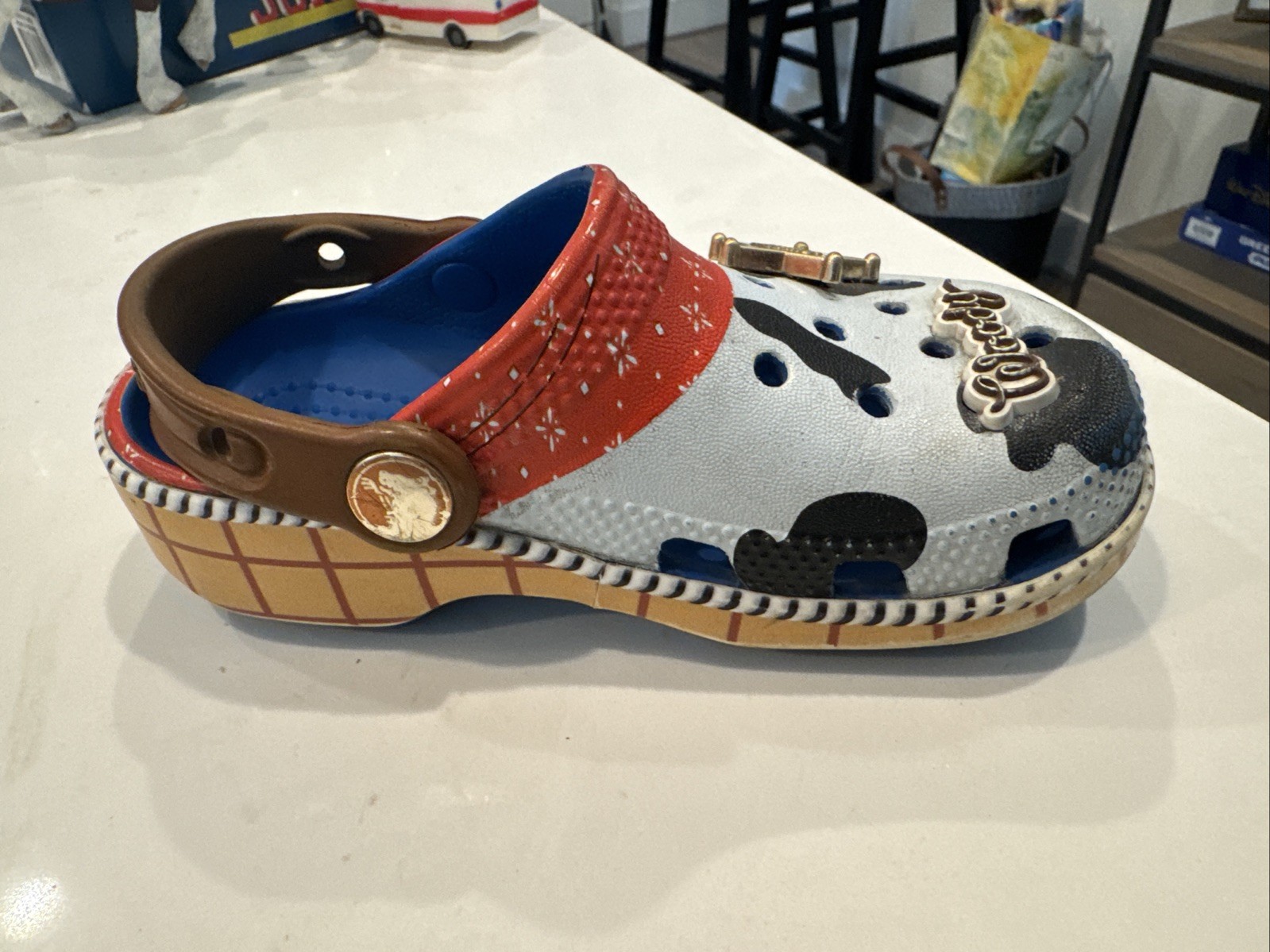 Disney Pixar, Toy Story Woody Cow Print Crocs, Size C9, Children’s, Toy Story 5