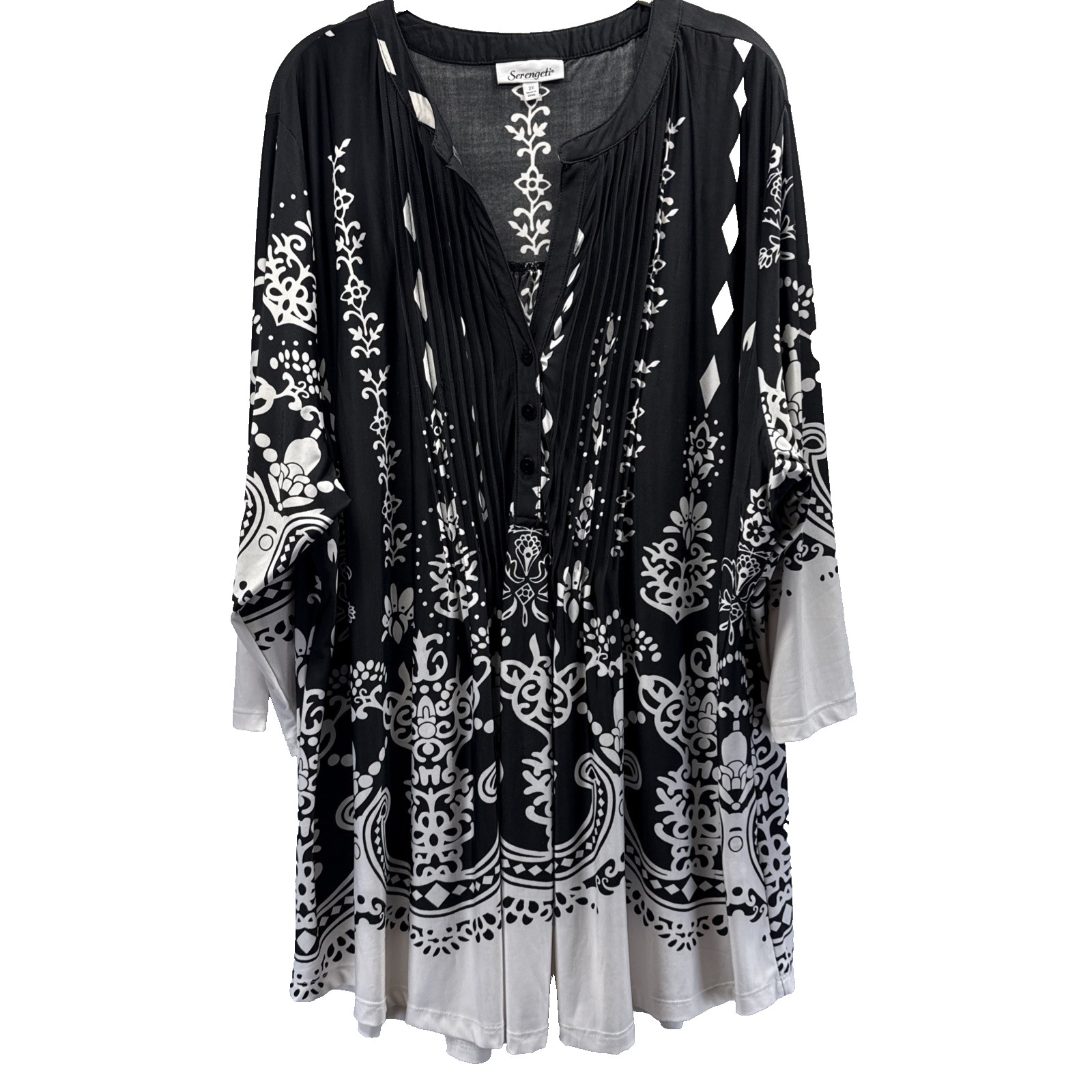 Serengeti Women’s Popover Size Plus 2X Black White Paisley Buttons 3/4 Sleeves