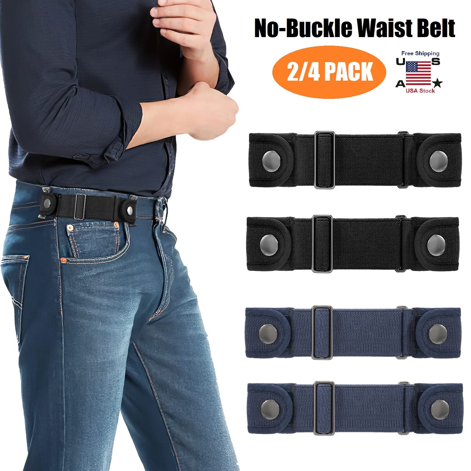 4Pcs No Buckle Belt for Men & Women Stretch Elastic Invisible Adjustable Belt US