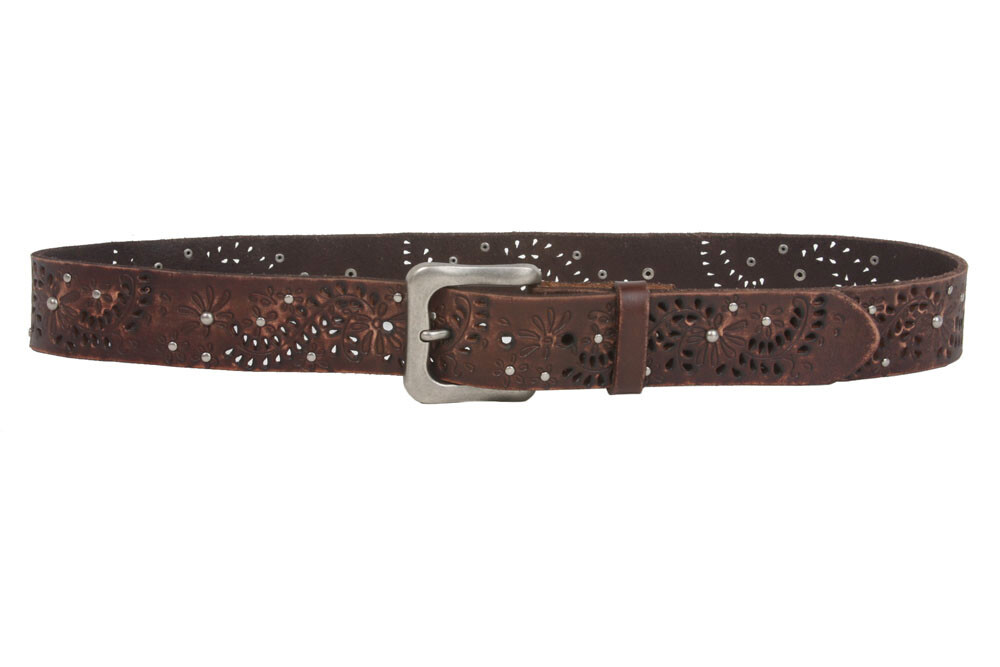 Snap On Vintage Cowhide Full Grain Leather Floral Rivet Perforated Casual Belt