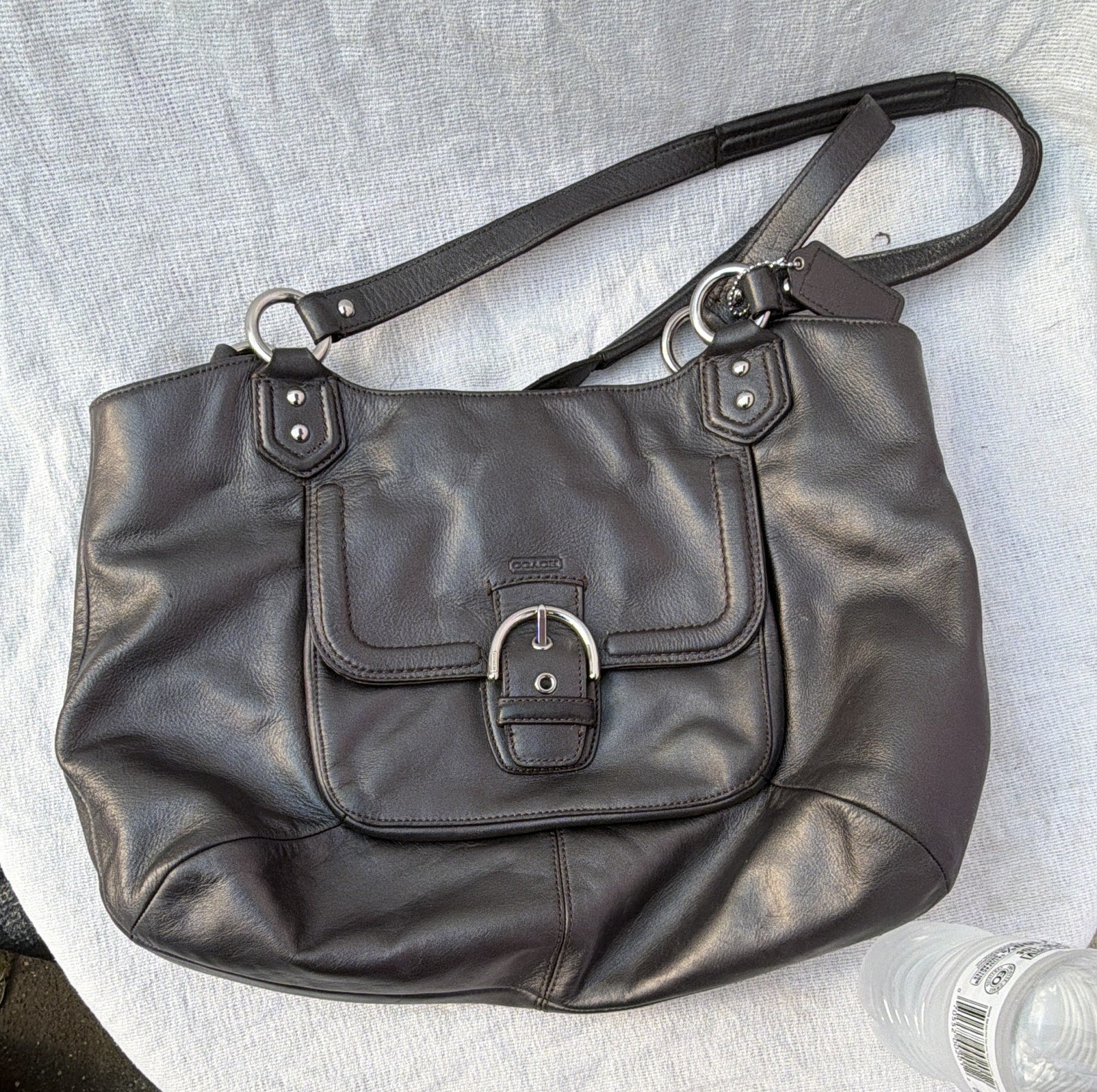 Coach Brown Shoulder Bag Buckle Flap Silver Hardware Pockets Hang Tag