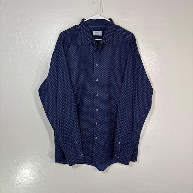 Eton Shirt Mens 2XL Blue Polka Dot Made To Measure 100% Cotton Long Sleeve Dress